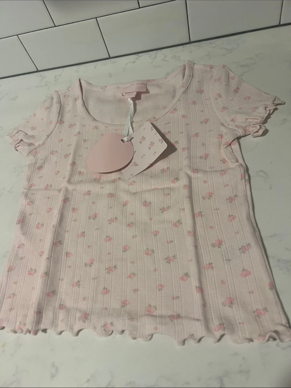 LoveShackFancy Light Pink Floral Ribbed Short Sleeve Top